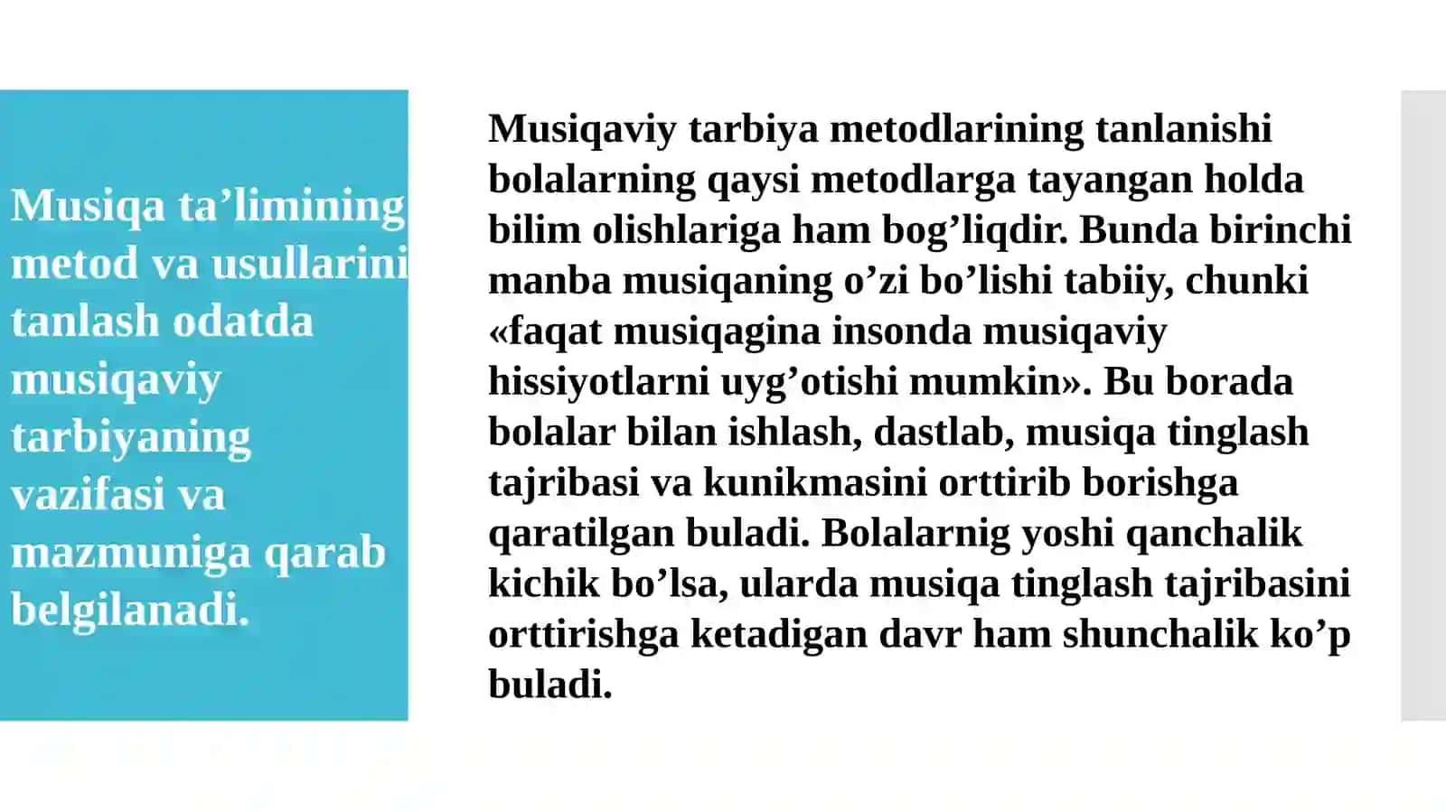 Maktabgacha tarbiya yoshidagi bolalargamusiqaviytarbiya berish metodlari 2