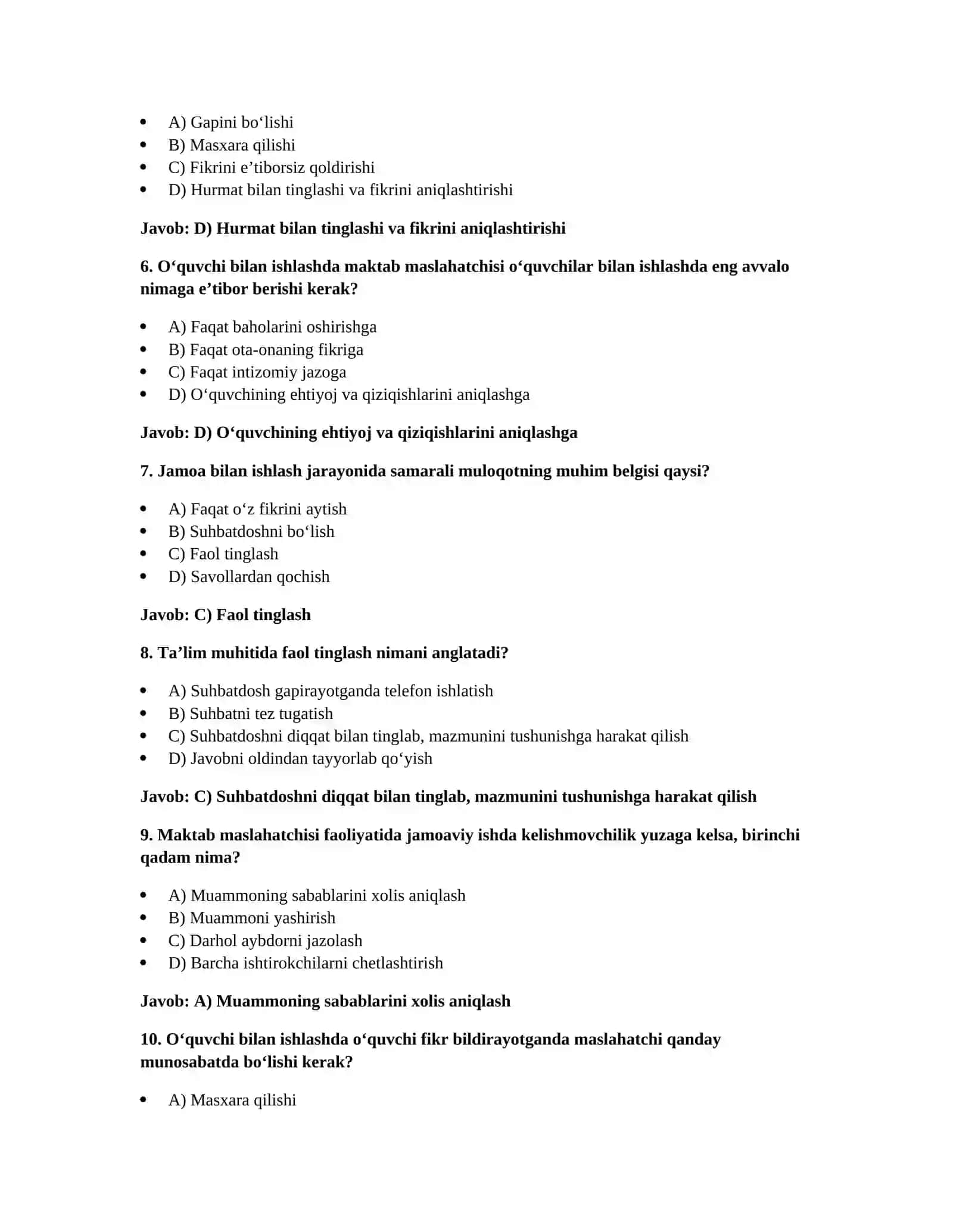 Maktab maslahatchisi — 1000 ta test va javoblari 2