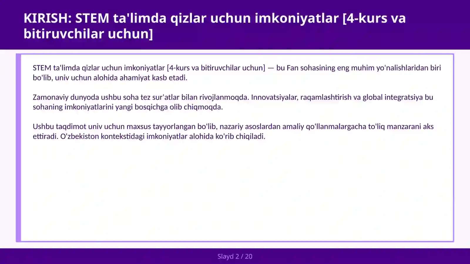 STEM TA'LIMDA QIZLAR UCHUN IMKONIYATLAR [4-KURS VA BITIRUVCHILAR UCHUN] 2