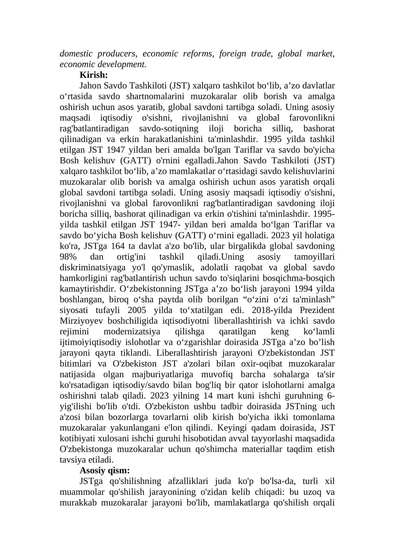 O‘ZBEKISTONNING JAHON SAVDO TASHKILOTIGA (JST) A’ZO BO‘LISHI: MUAMMOLAR VA YUZAGA KELISHI MUMKIN BO‘LGAN OQIBATLAR 2