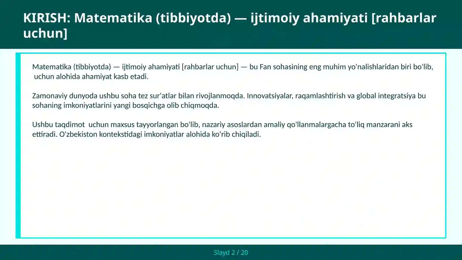 Matematika (Tibbiyotda) - Ijtimoiy Ahamiyati [Rahbarlar Uchun] 2