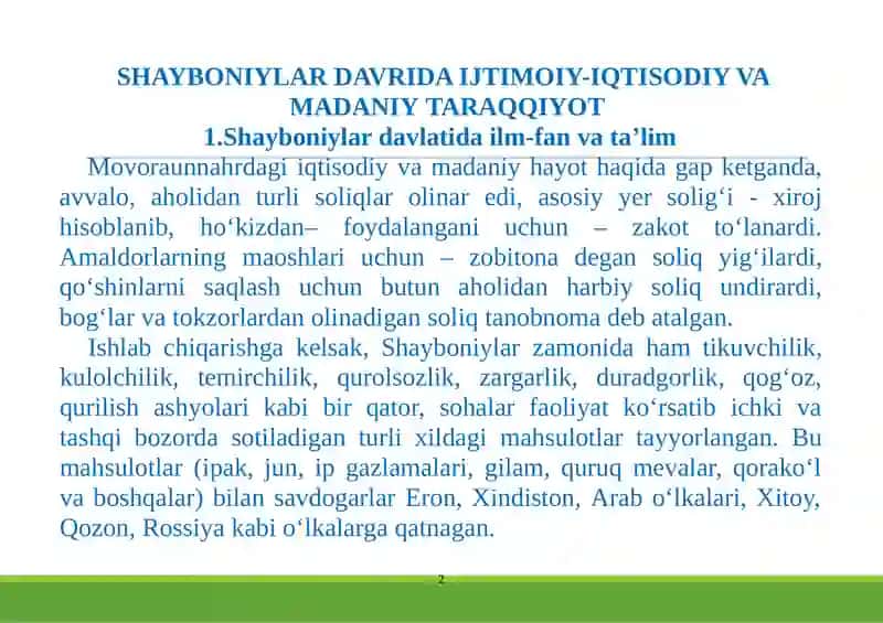 Shayboniylar Davrida Ijtimoiy-Iqtisodiy va Madaniy Taraqqiyot 2