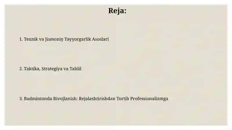 Badmintonda texnik tayorgarlik va umumumrivojlantirish 2
