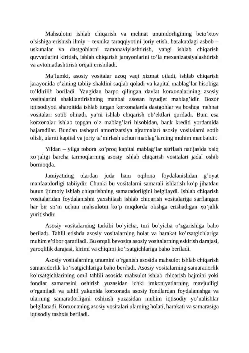 Mavzu” Korxonaning asosiy vositalar bilan ta’minlanish darajasi va ulardan samarali foydalanish tahlili” 2