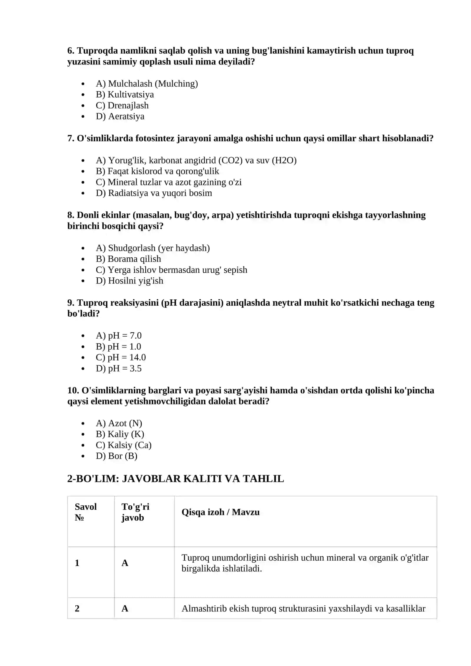 Agros testlari 2026 (Javoblari va tahlili bilan) 2