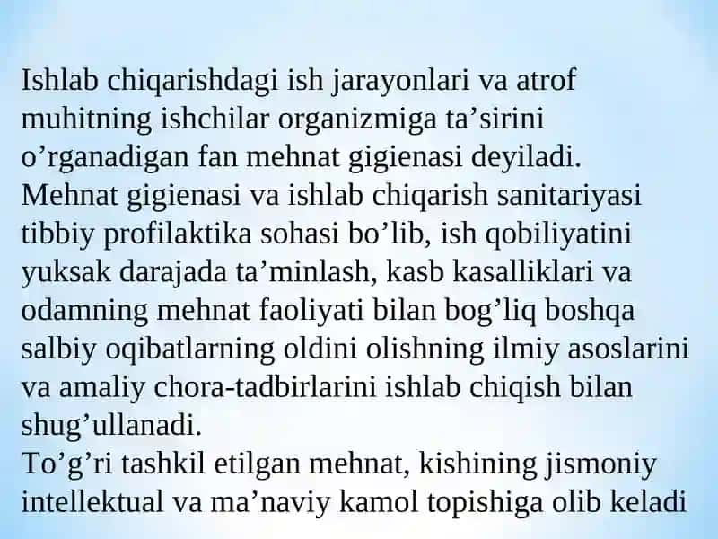 Ishlab chiqarishning sanitariyasi va gigiyenasi me’yorlari 2