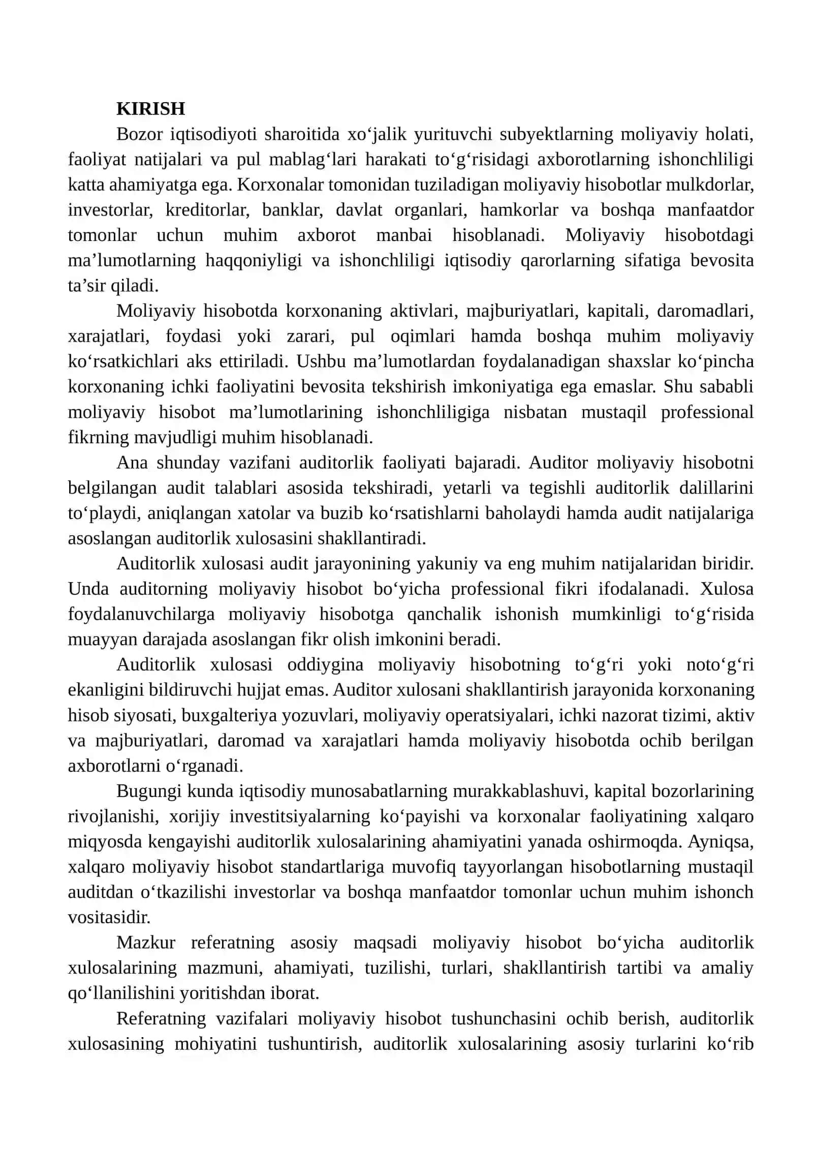 MOLIYAVIY HISOBOT BO‘YICHA AUDITORLIK XULOSALARI 2