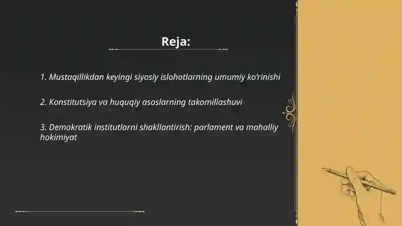 Uzbekiston demokratik fuqorolik jamiyati asoslarining shakillanishi va amalga oshirilgan siyosiy islohotlari 2