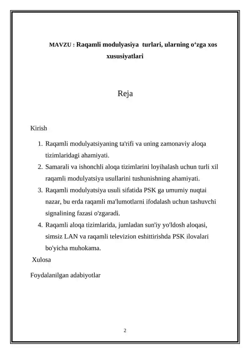 Tizimlar va signallarni qayta ishlash fanidan   Raqamli modulyatsiya turlari 2