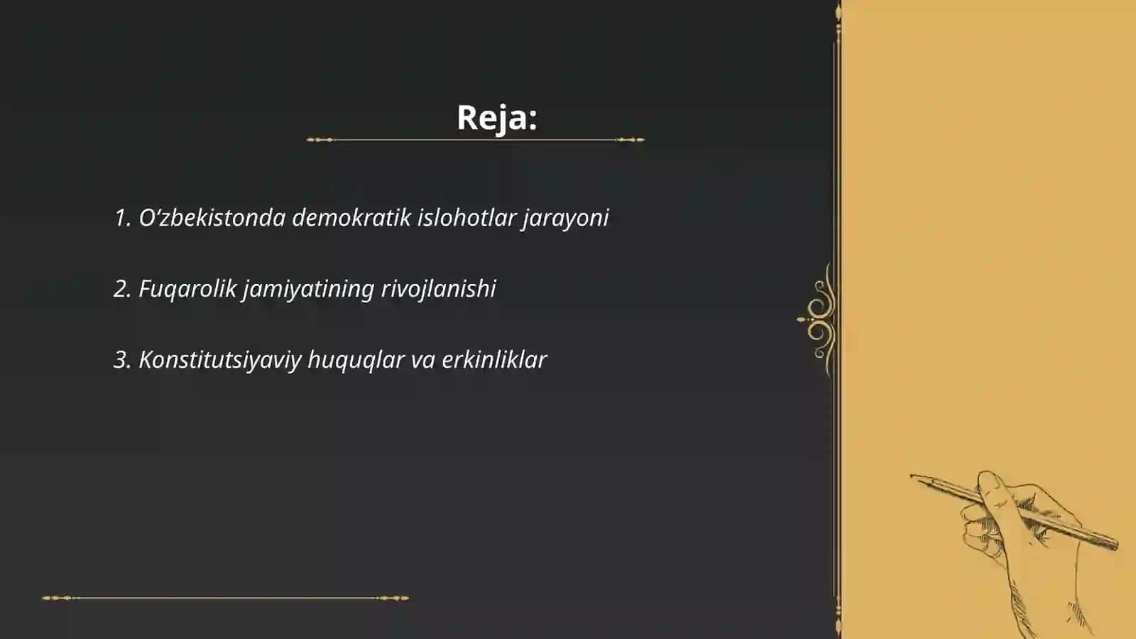 O‘zbekistonda demokratik va fuqarolik jamiyati asoslarining shakllanishi hamda amalga oshirishlar siyosiy islohotlar 2