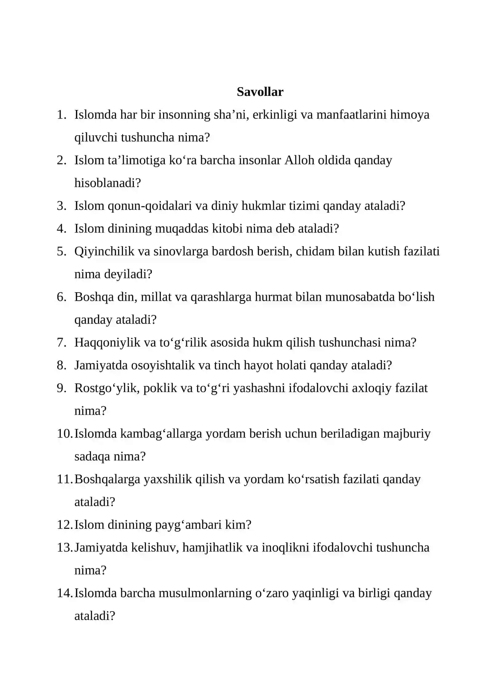 Islomda inson huquqlari, ijtimoiy tenglik, adolat va tolerantlik  Krossvord 2