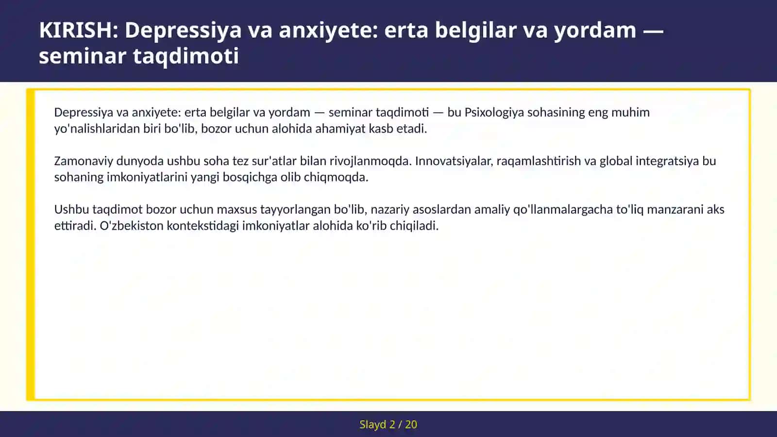 Depressiya va anxiyete: erta belgilar va yordam — seminar taqdimoti 2
