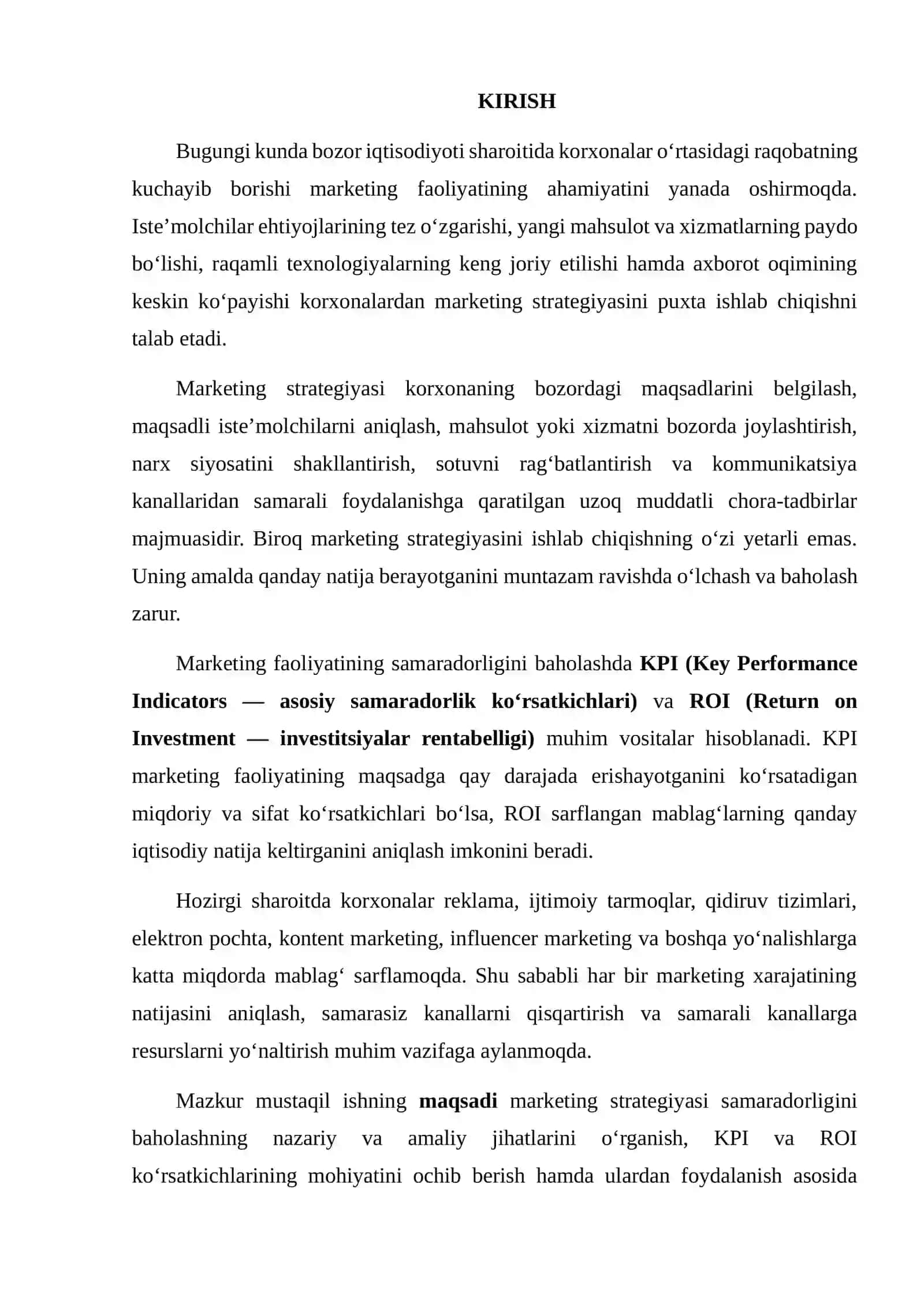 MARKETING STRATEGIYASI SAMARADORLIGINI BAHOLASH( KPI VA ROI) REJA 2