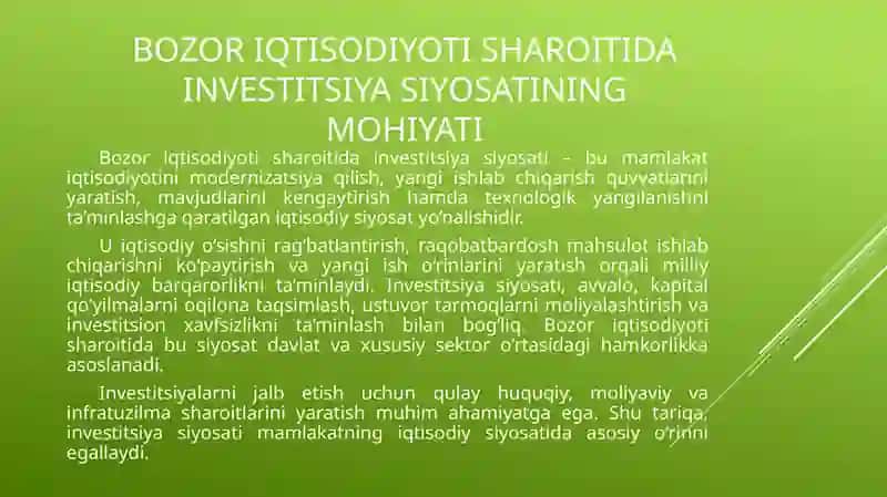 Bozor iqtisodiyoti sharoitlarida investitsiya siyosatining mohiyati va xususiyatlari. 2