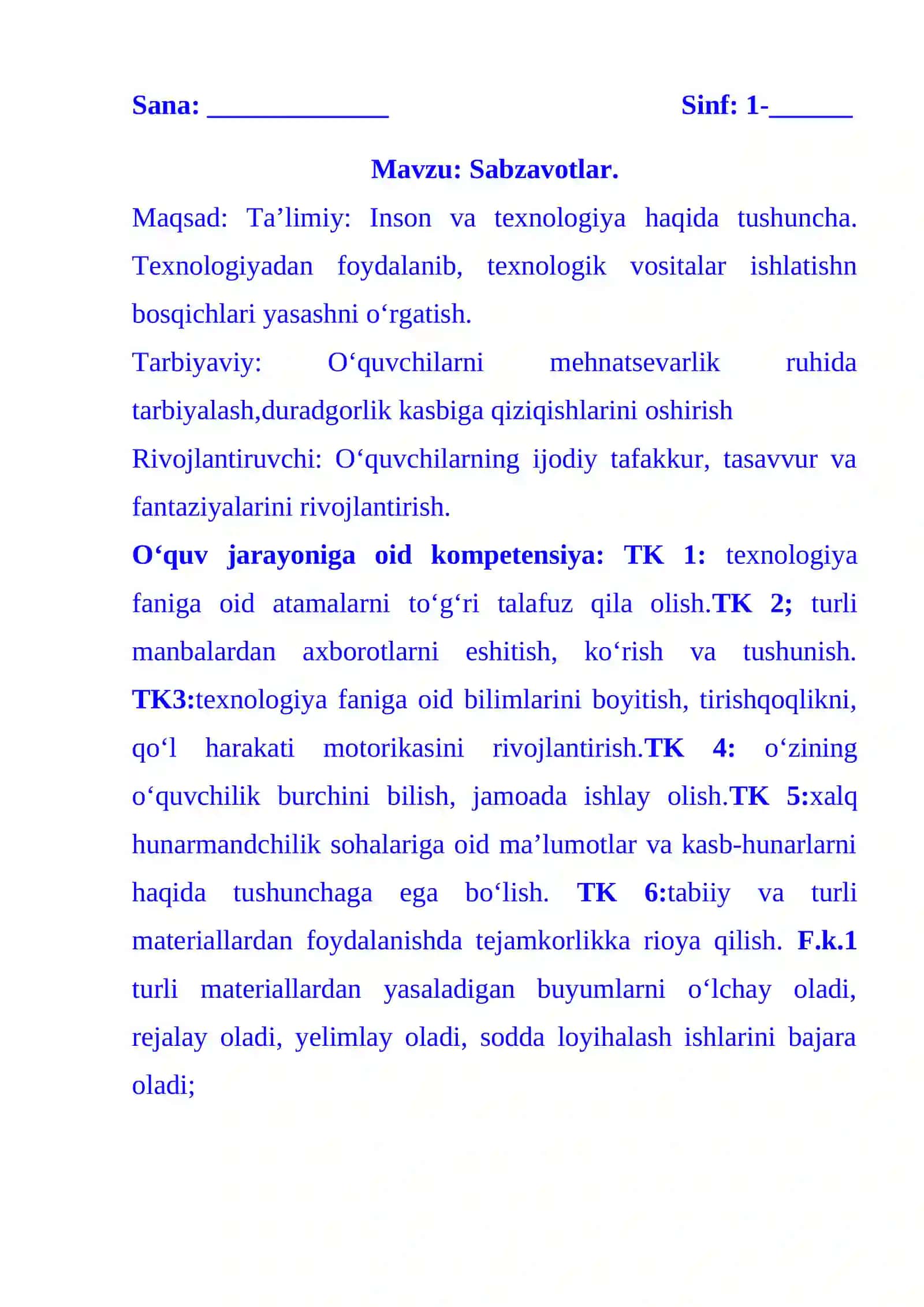 1-sinf Tasviriy san'at fanidan Sabzavotlar mavzusida dars ishlanma 1-chorak 2