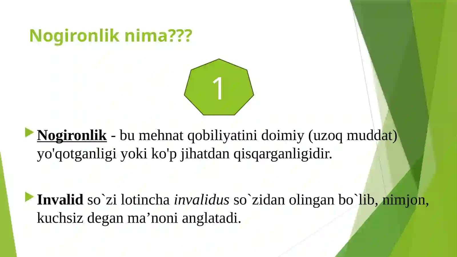 Nogironlik. Vaqtinchalik va turg`un holatdagi mehnatga layoqatsizlikning shifokorlik ekspertizasini tashkil etish 2