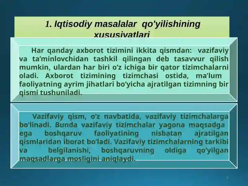 Iqtisodiy masalalar  qo'yilishini  loyihalashtirish 2