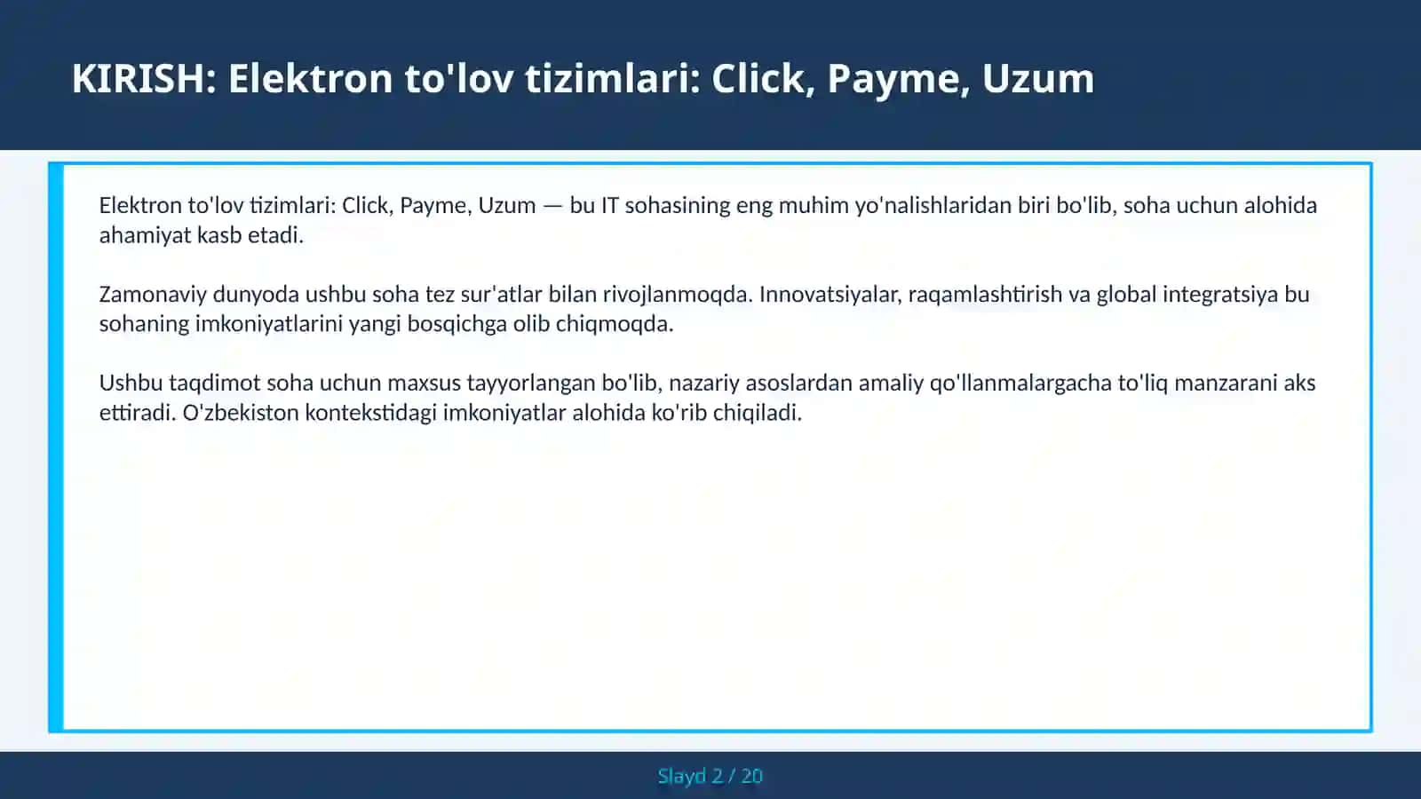 ELEKTRON TO'LOV TIZIMLARI: CLICK, PAYME, UZUM 2