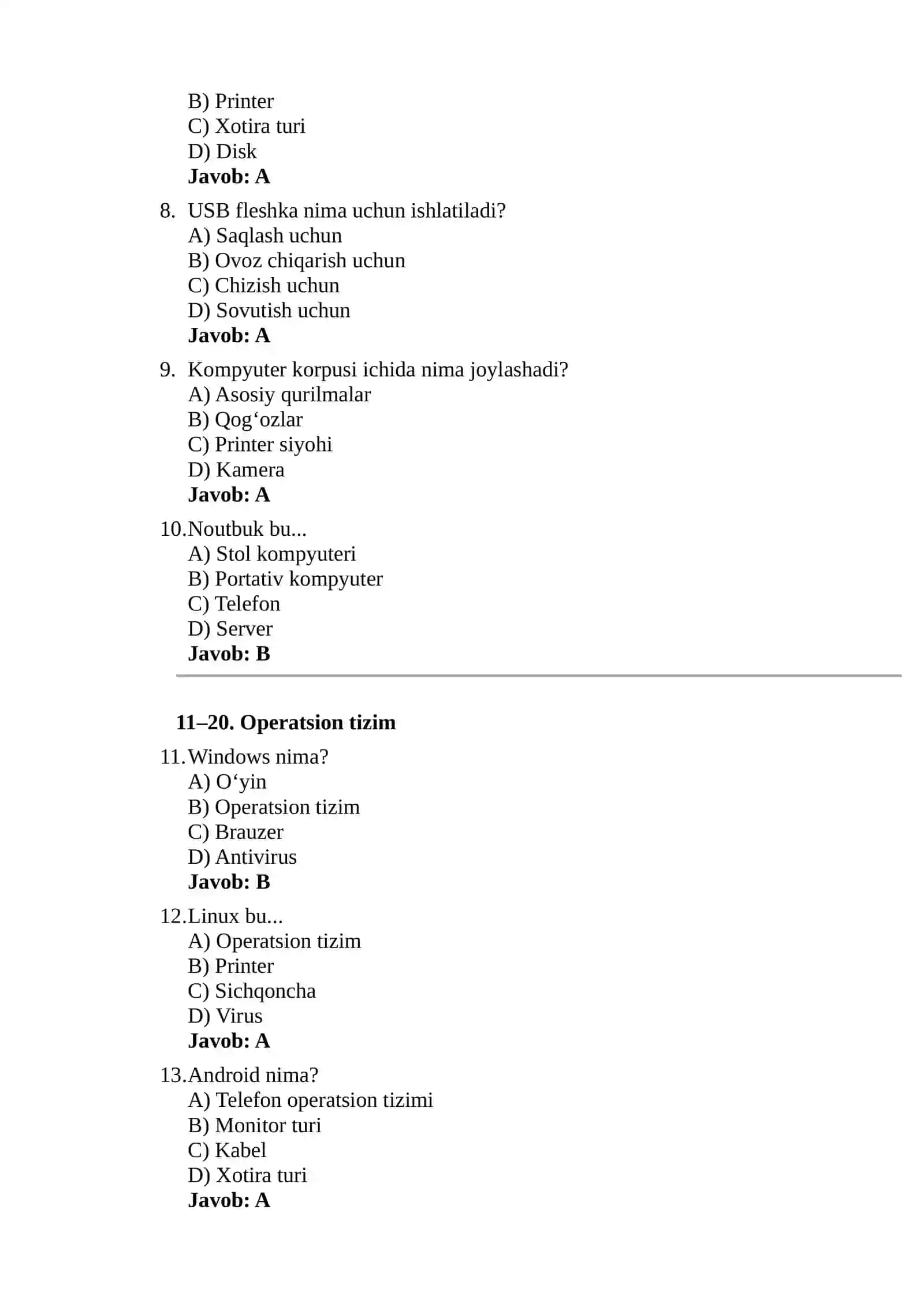 Kompyuter Texnologiyalari bo‘yicha Test Savollari va Javoblari ( Yangi To‘plam) 2