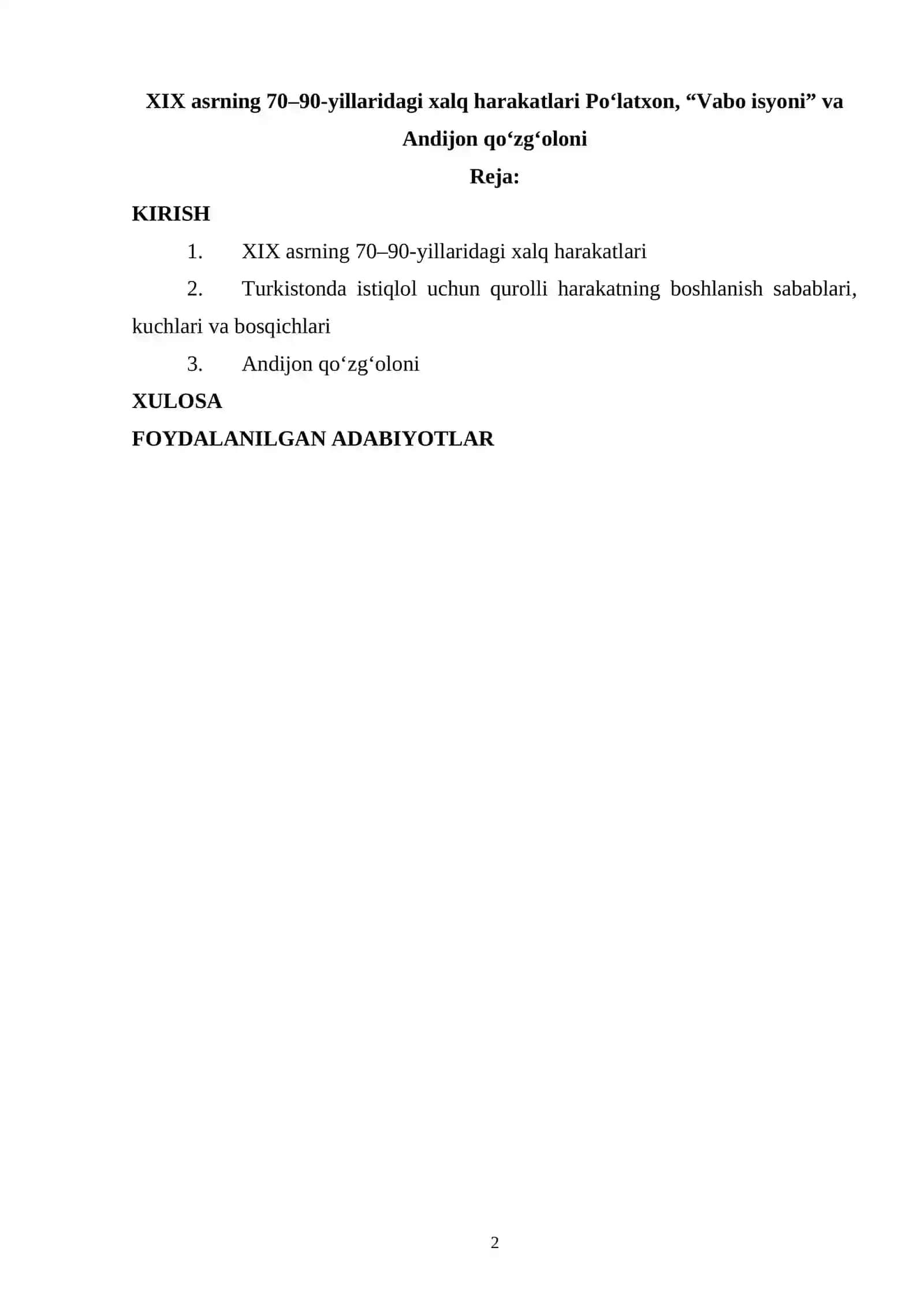 XIX asrning 70–90-yillaridagi xalq harakatlari Po‘latxon, “Vabo isyoni” va Andijon qo‘zg‘oloni 2