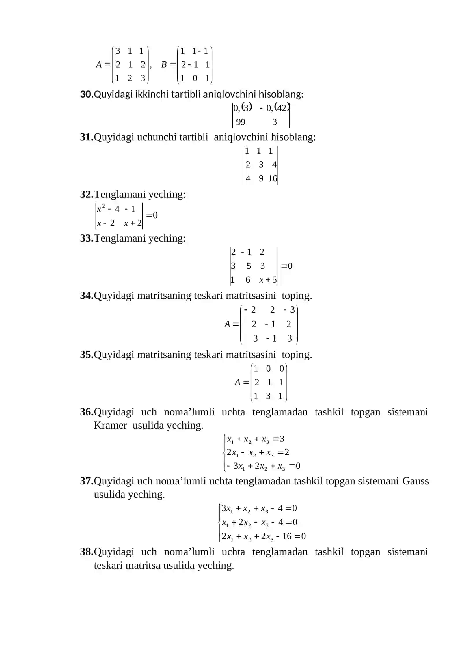 CHIZIQLI ALGEBRA FANIDAN YAKUNIY NAZORAT SAVOLLARI 2