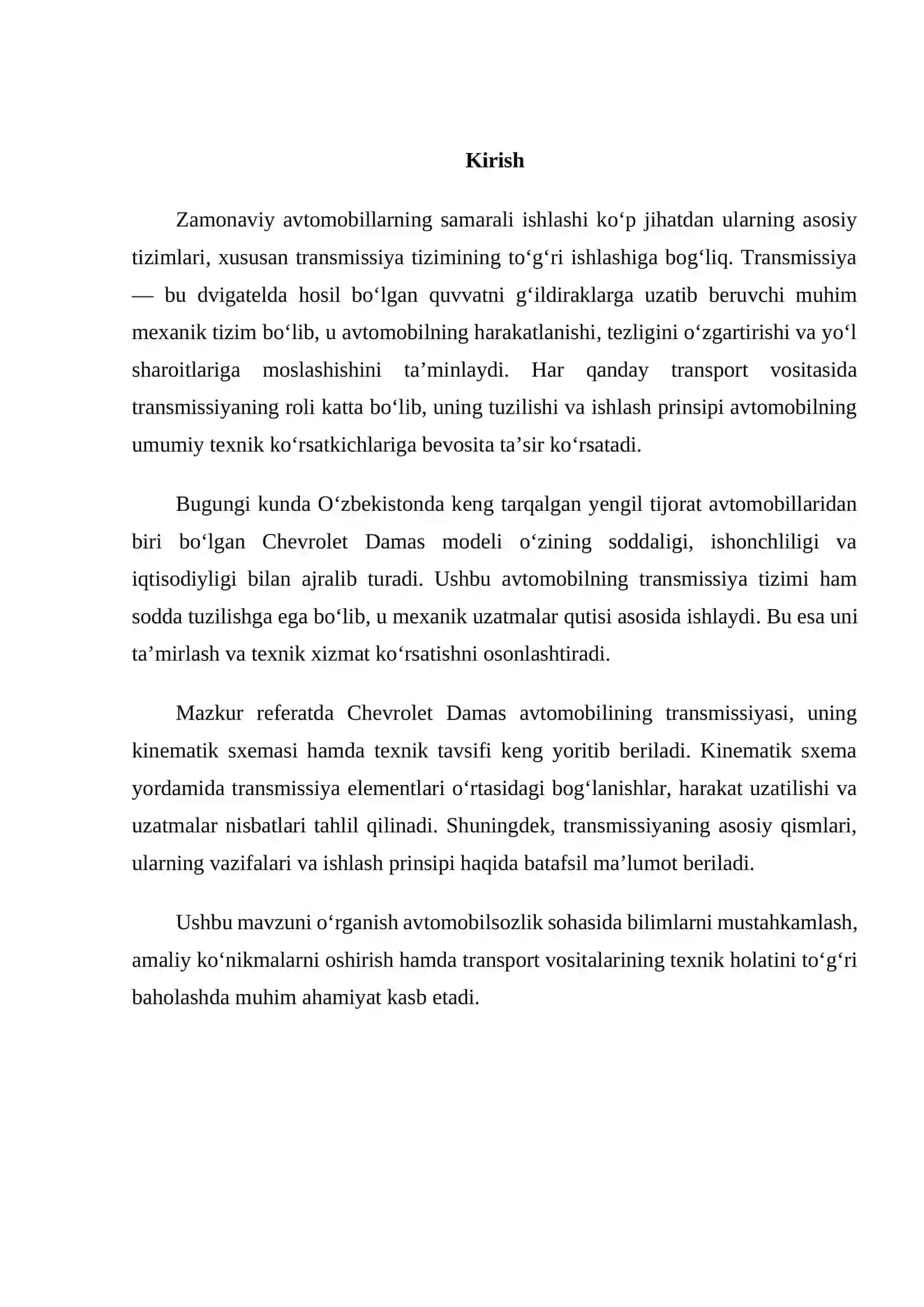Chevrolet Damas transmissiyasining kinematik sxemasi va texnik tavsifi 2