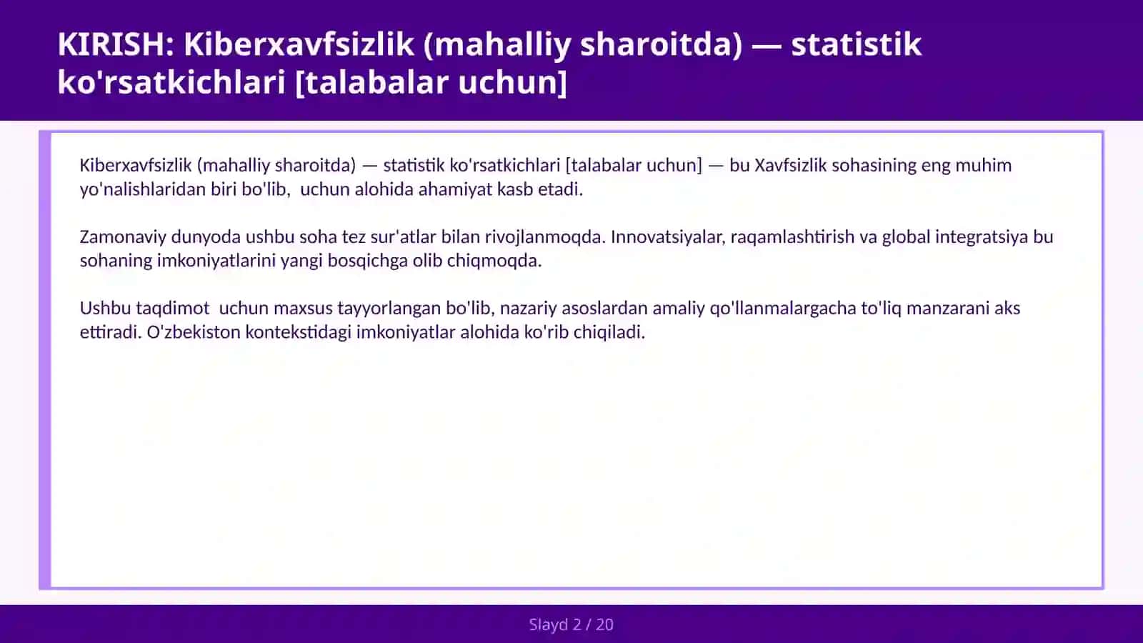 KIBERXAVFSIZLIK (MAHALLIY SHAROITDA) — STATISTIK KO'RSATKICHLARI [TALABALAR UCHUN] 2