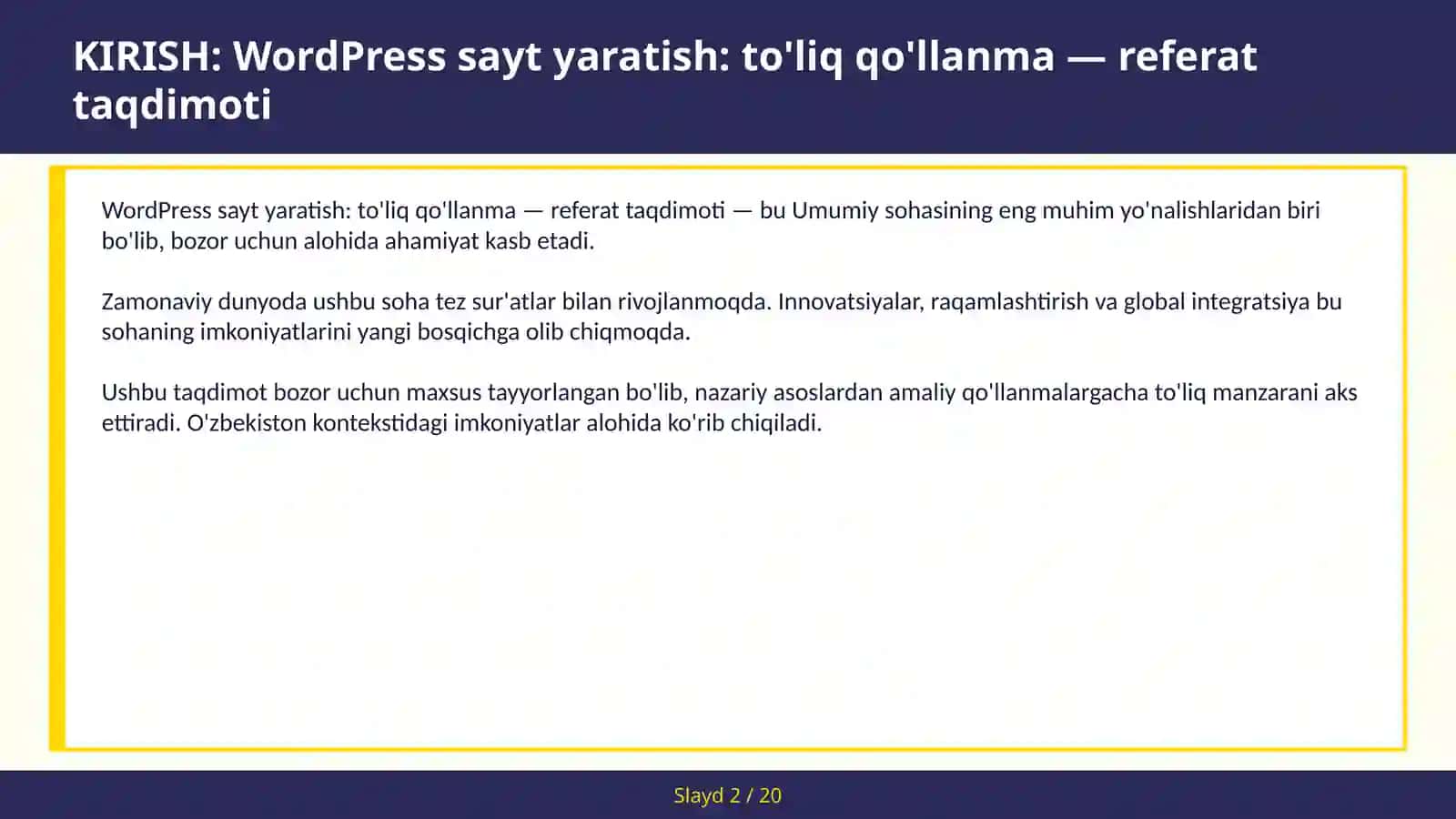 WordPress sayt yaratish: to'liq qo'llanma — referat taqdimoti 2
