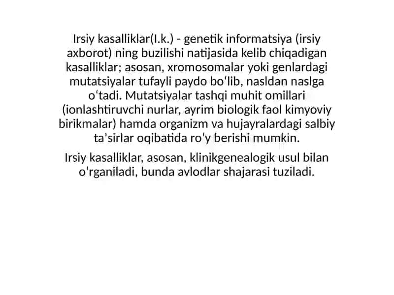 Irsiy kasalliklar, xramasoma kasalliklari. Irsiy kasalliklar . Gen va irsiyatga moyil kasalliklar. Nikoh turlari. tibbiy genetik maslahatlar 2