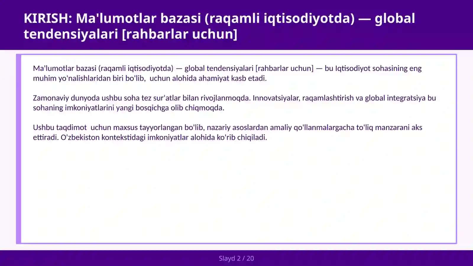 MA'LUMOTLAR BAZASI (RAQAMLI IQTISODIYOTDA) — GLOBAL TENDENSIYALARI [RAHBARLAR UCHUN] 2