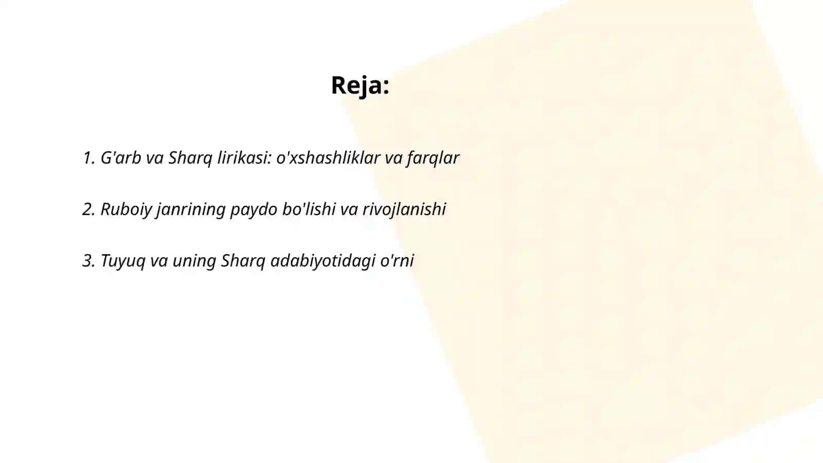 Gʻarb hamda Sharq lirikasi.Ruboiy,tuyuq,gʻazal janriga oid namunalarni ifodali oʻqish 2