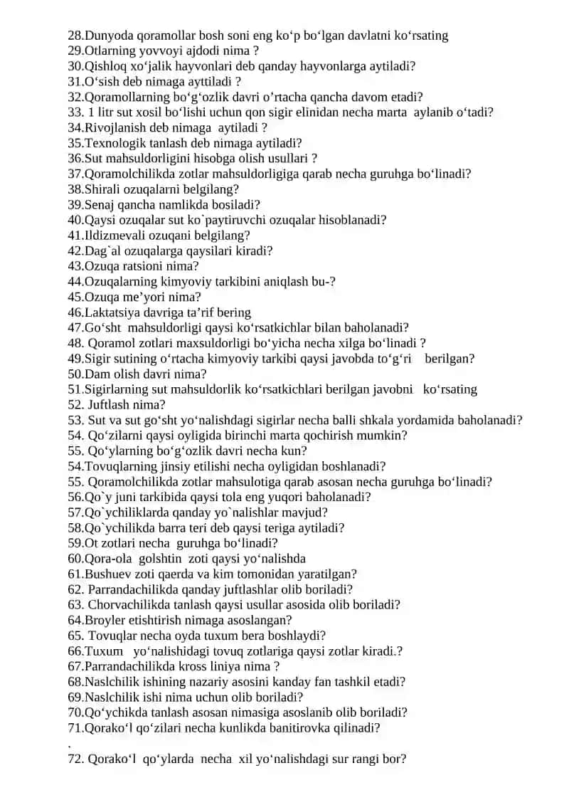 “Chorvachilik asoslari” fanidan oraliq nazorat (ON) ishi savollari 2