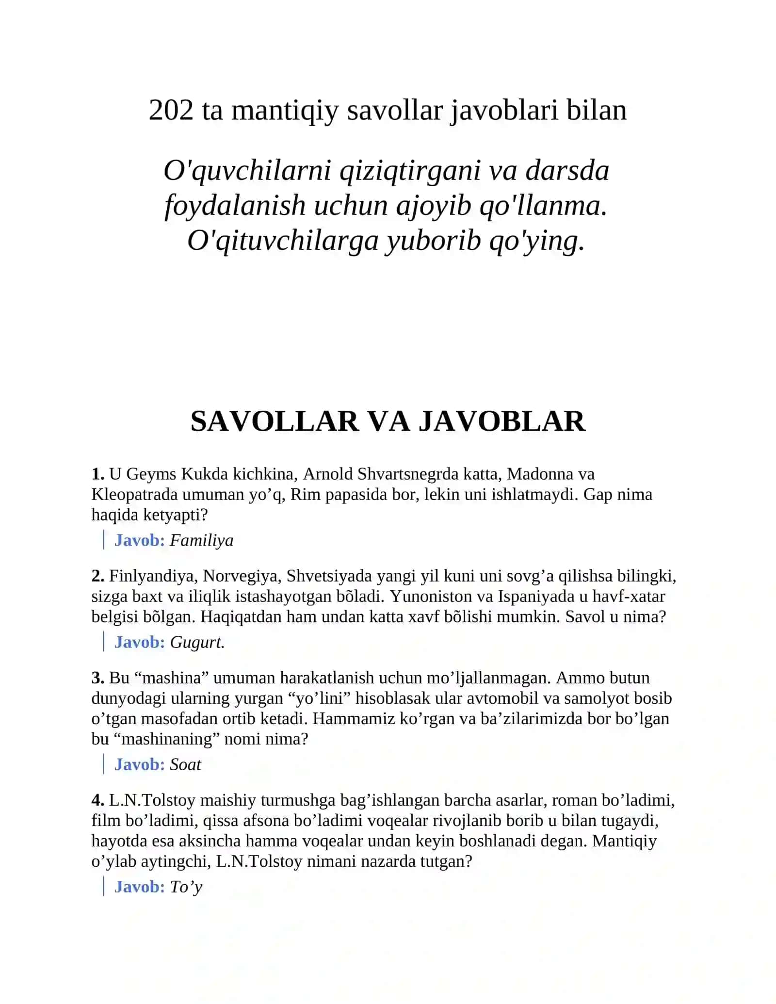 Mantiqiy savollar javoblari bilan 2