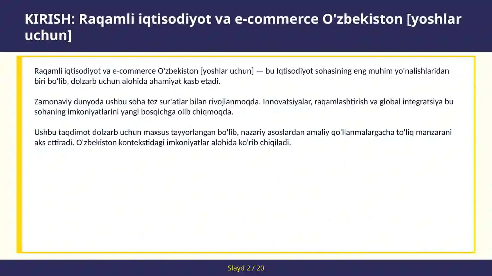 Raqamli iqtisodiyot va e-commerce O'zbekiston [yoshlar uchun] 2