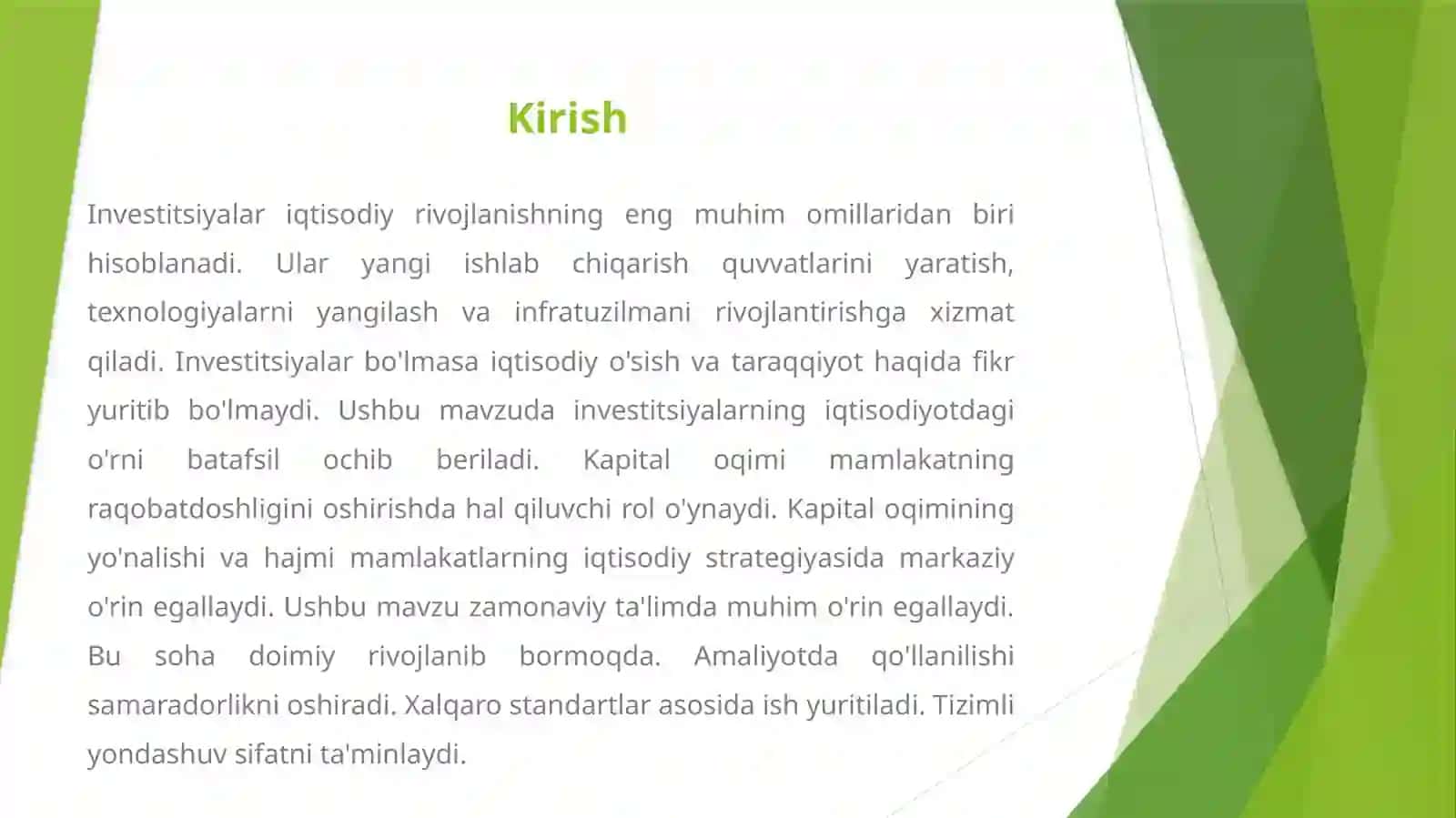 INVESTITSIYALARNING IQTISODIY RIVOJLANISHDAGI O'RNI 2