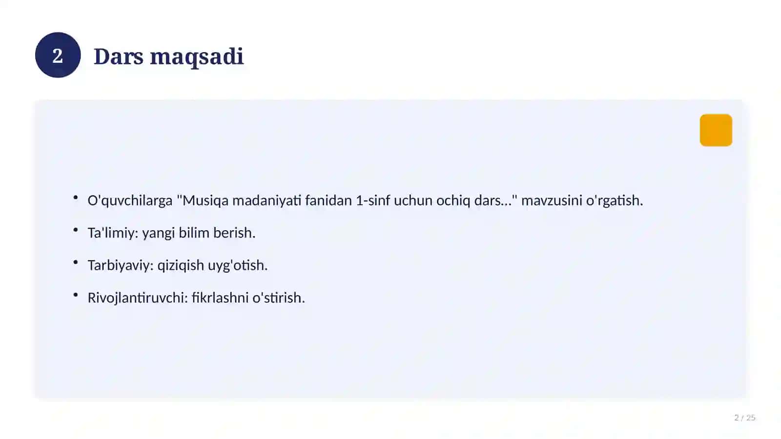 Musiqa madaniyati fanidan 1-sinf uchun ochiq dars ishlanmasi 2