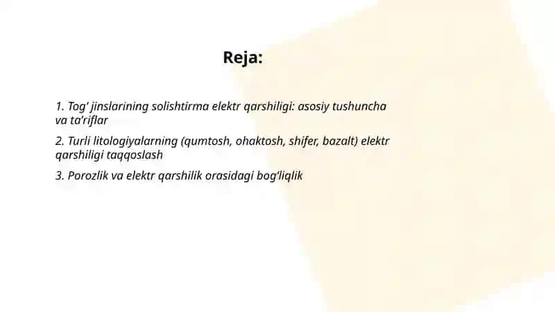 Togʻ jinslarining solishtirma elektr qarshligi va ularni turli omillar bilan bog'liqligi 2