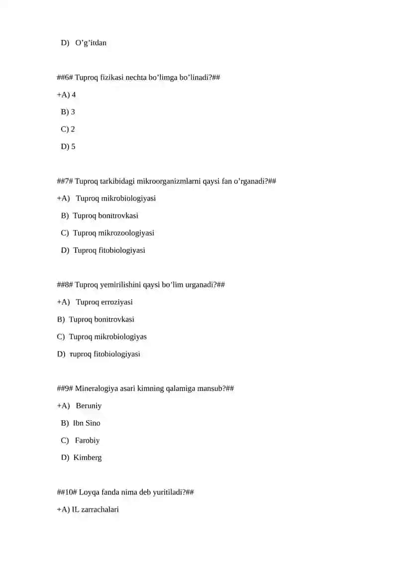 Tuprоqshunоslik fanidan test savоllari 2