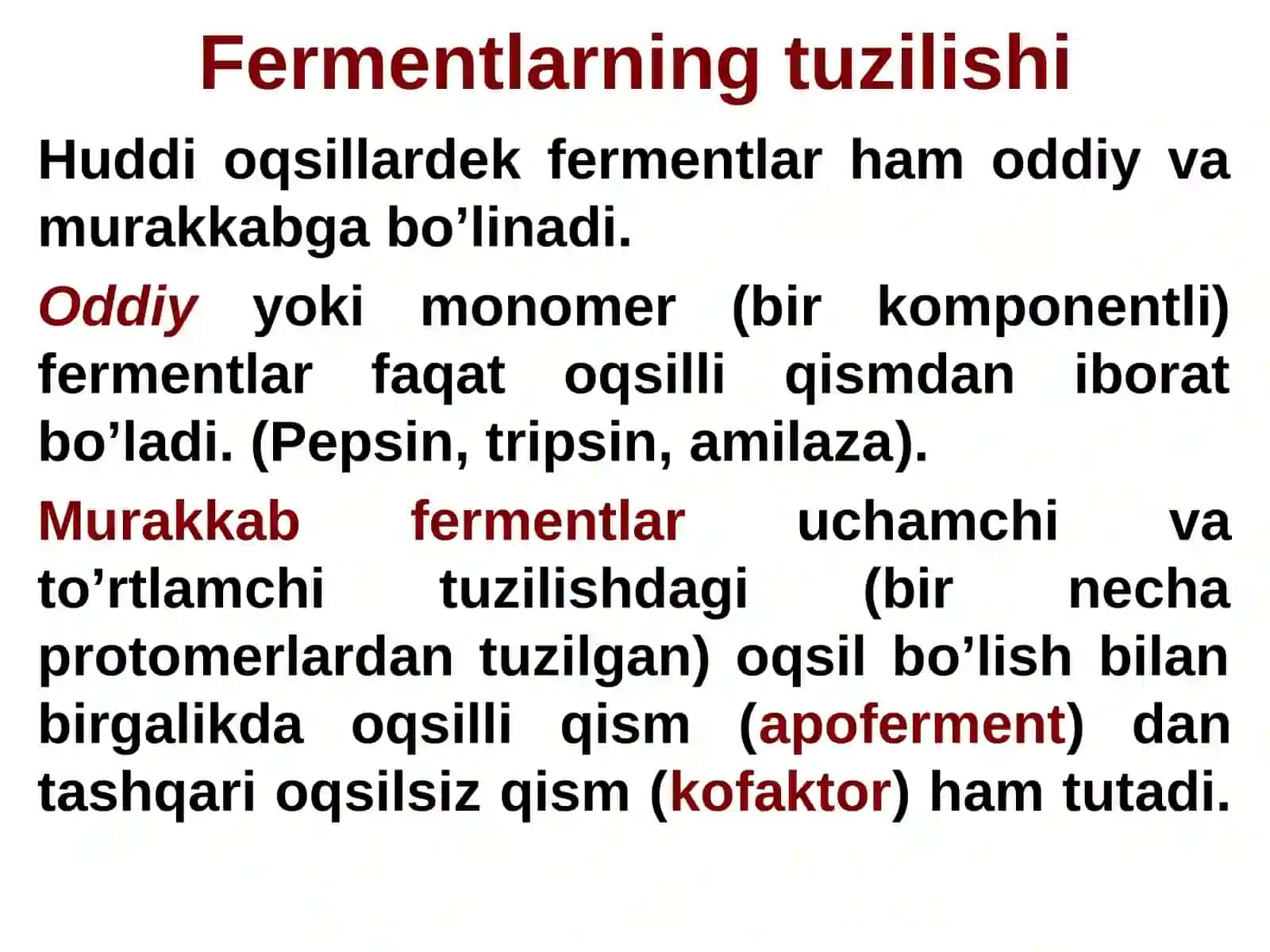 Fermentlarning tasir etish mexanizmi Kofermentlar tuzilishi Nuklein kislotalarning tuzilishi 2