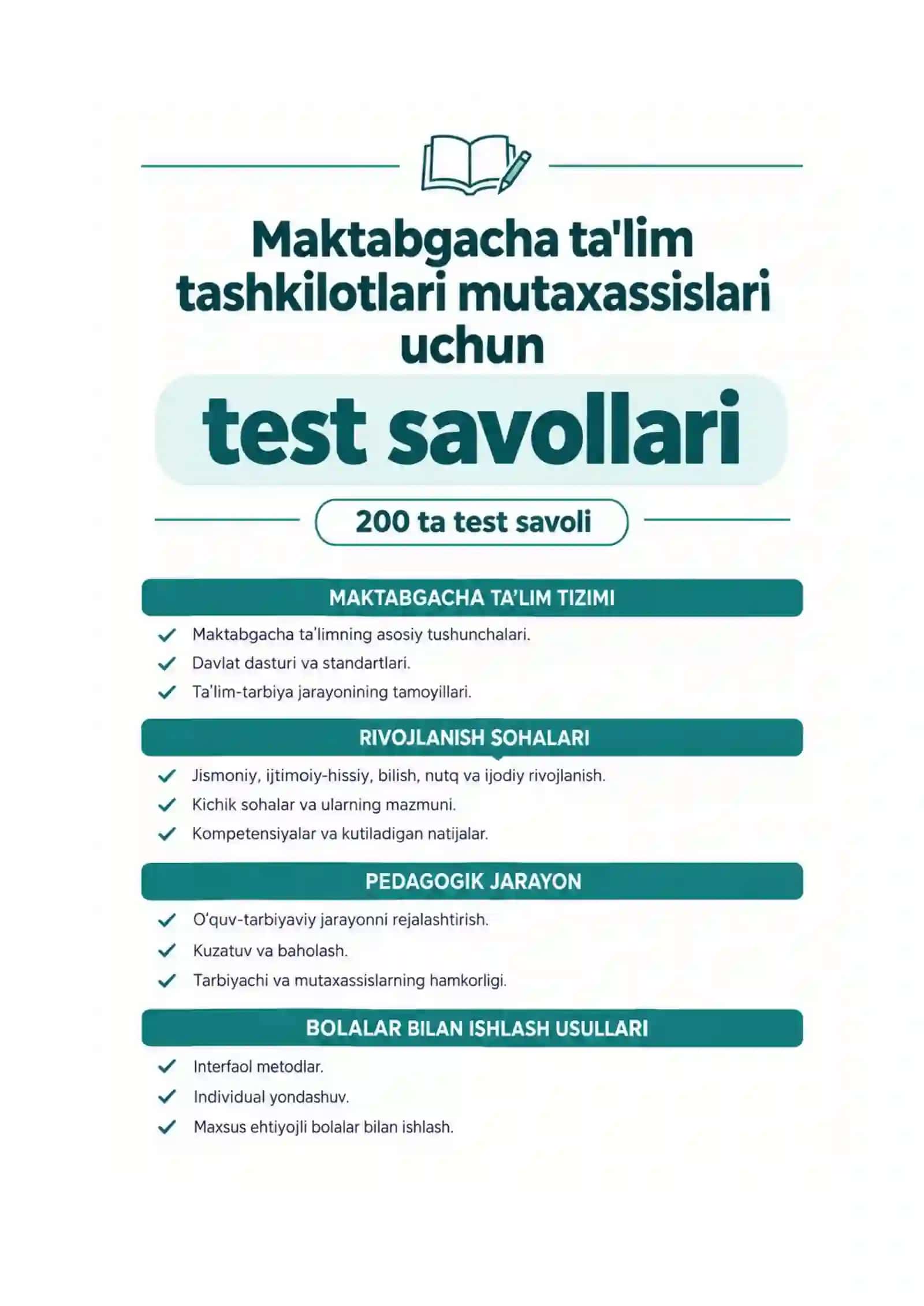 Maktabgacha ta’lim attestatsiyasi uchun 200 ta test javoblari bilan 2