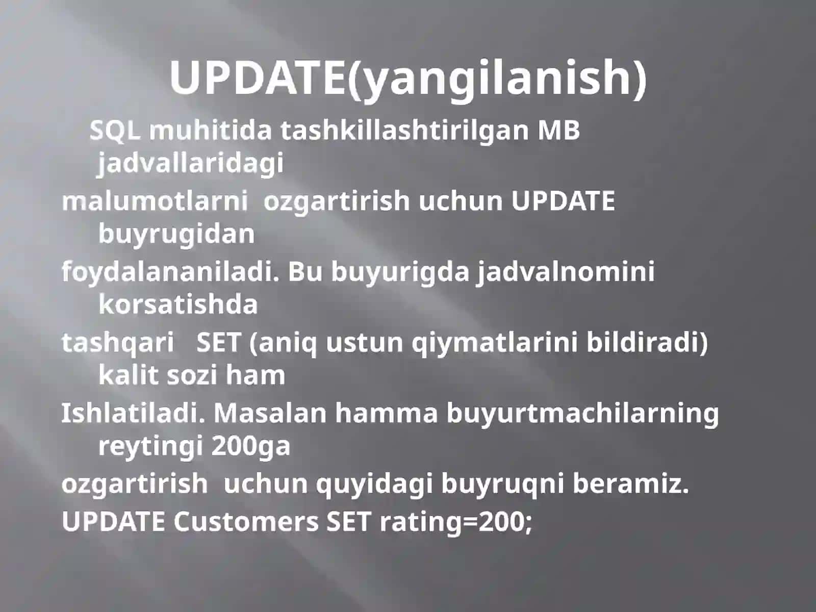 SQL serverda Update, Delete so‘rovlari va ularning vazifalari 2