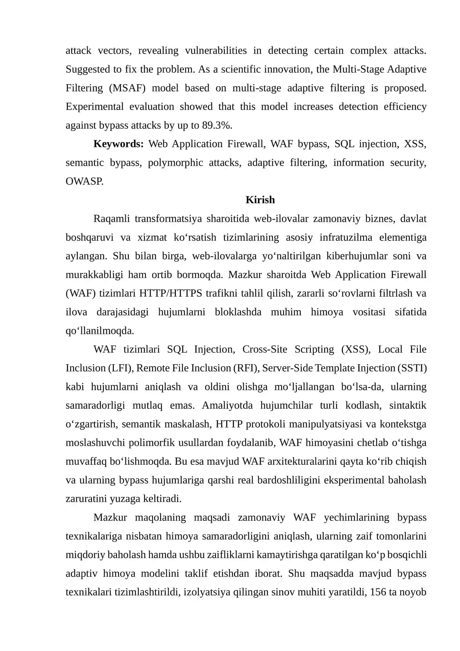 WEB APPLICATION FIREWALL (WAF) TIZIMLARINI CHETLAB OʻTISH USULLARI: EKSPERIMENTAL TAHLIL VA ADAPTIV HIMOYA MODELI 2