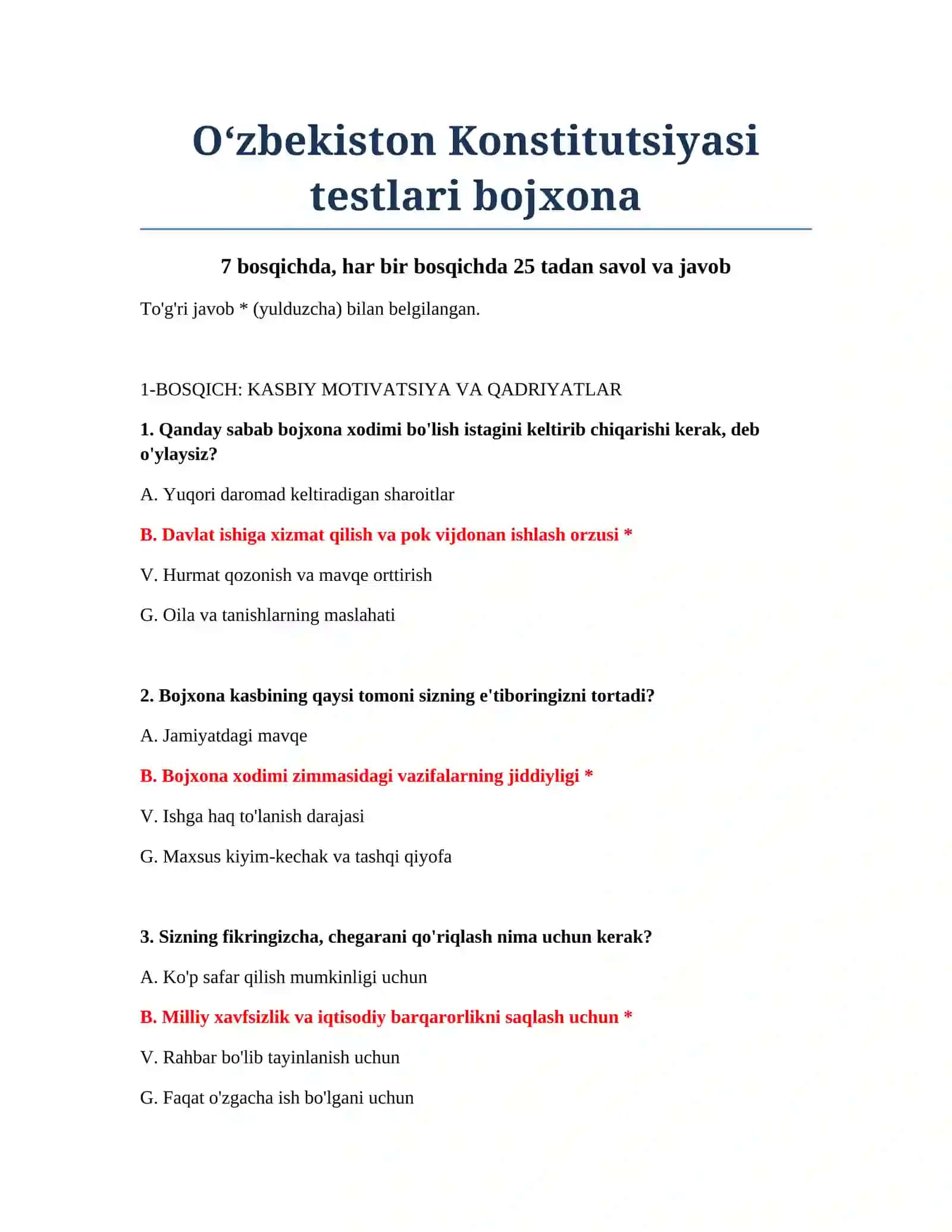 O‘zbekiston Konstitutsiyasi testlari bojxona 2