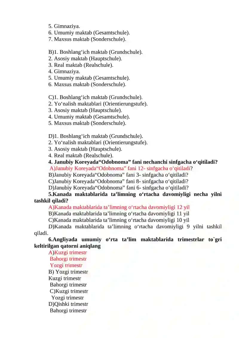 Ta`lim asoslari fanidan test savollari 2