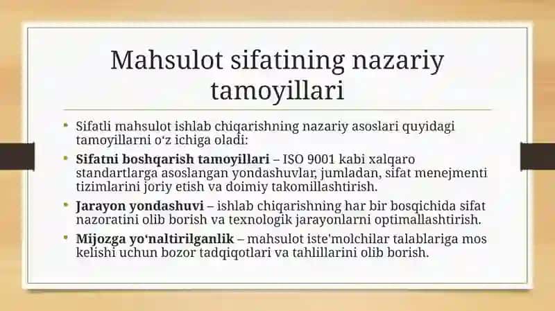 Korxonalarda sifatli mahsulatlarni tayyorlashning nazariy asoslari 2