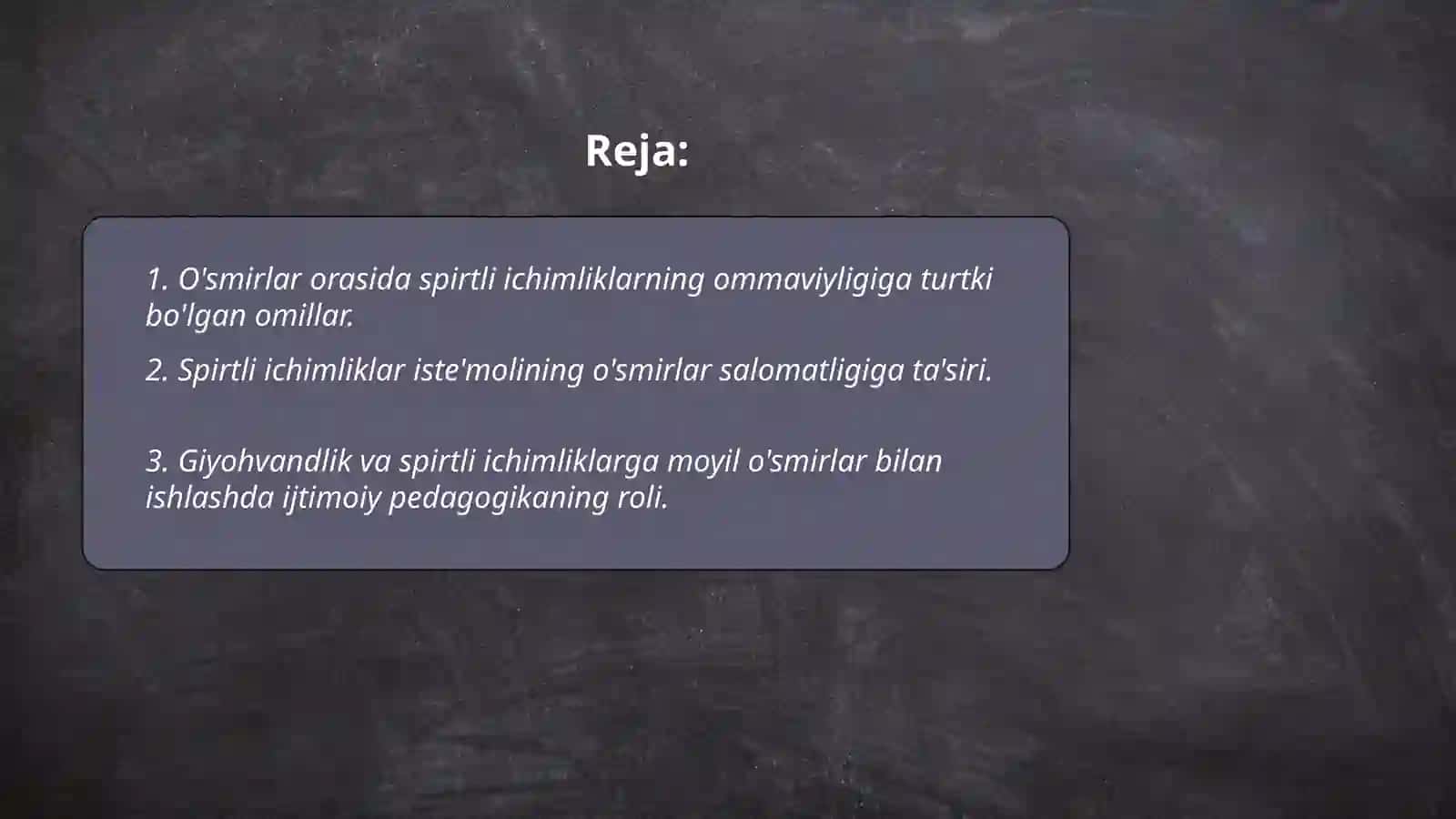 Spirtli ichimliklar iste'mol qilishga moil õsmirlar bilan olib boriladigan ijtimoiy pedagogik muammo. Giyohvandlik devyant hulq shakli sifatida 2