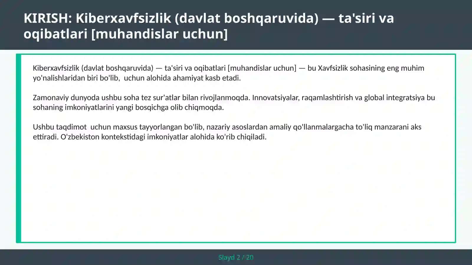 KIBERXAVFSIZLIK (DAVLAT BOSHQARUVIDA) — TA'SIRI VA OQIBATLARI [MUHANDISLAR UCHUN] 2