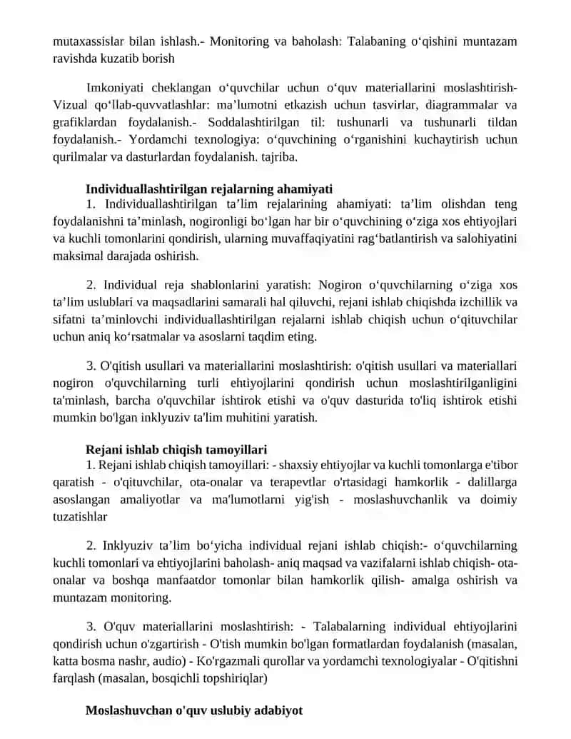 Imkoniyati Cheklangan Bolalarini Inklyuziv Ta’Lim Jarayonida O‘Qitish Bo‘Yicha Individual Reja Dasturlarini Yaratish Va O‘Quv Metodik Adabiyotlarini 2