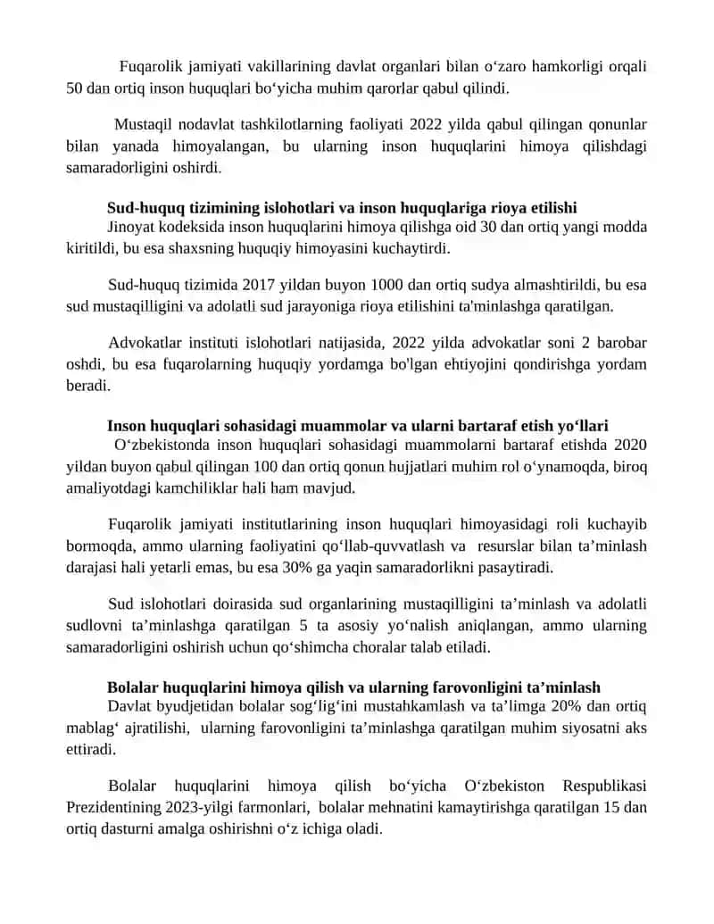 Yangi Oʻzbekistonda inson haq - huquqlari va erkinliklari kafolatining yaratilishi 2