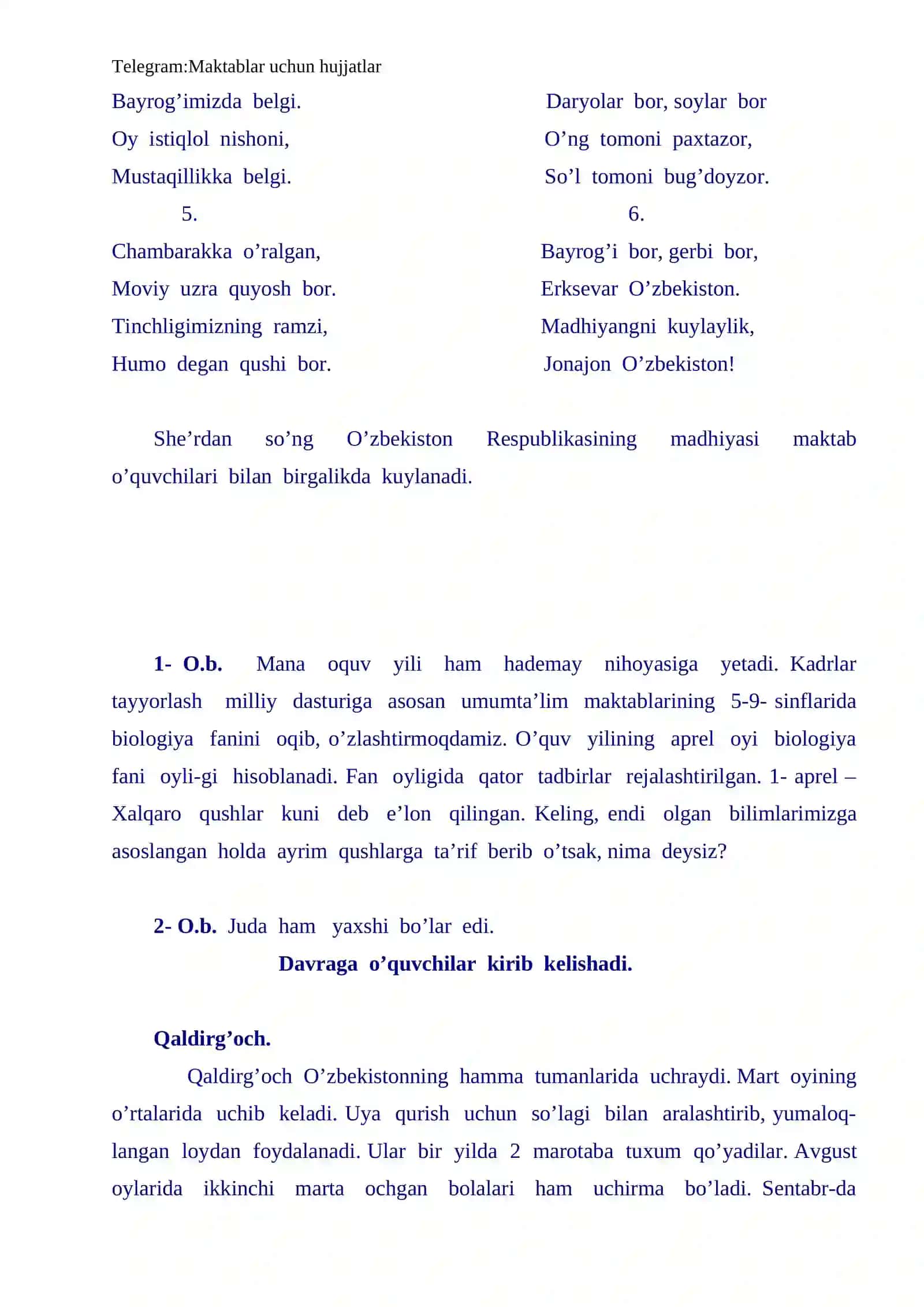 "Qushlar bayrami" tadbir senariysi 2